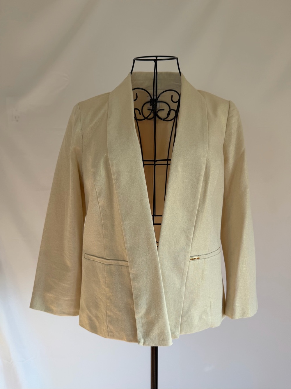Anne Klein Cream Gold Metallic Open-Front Blazer
